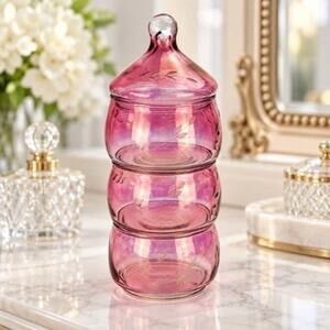 Vintage Princess House Crystal Etched Stacking 3 Tier Cranberry Pink Candy Dish